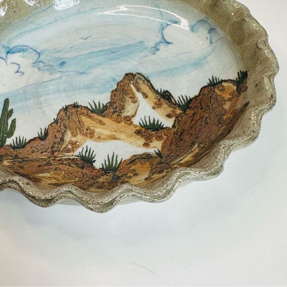 Art Pottery Handpainted Mountain Desert Scene Artist Signed Salt Glaze Dish - Picture 4 of 4